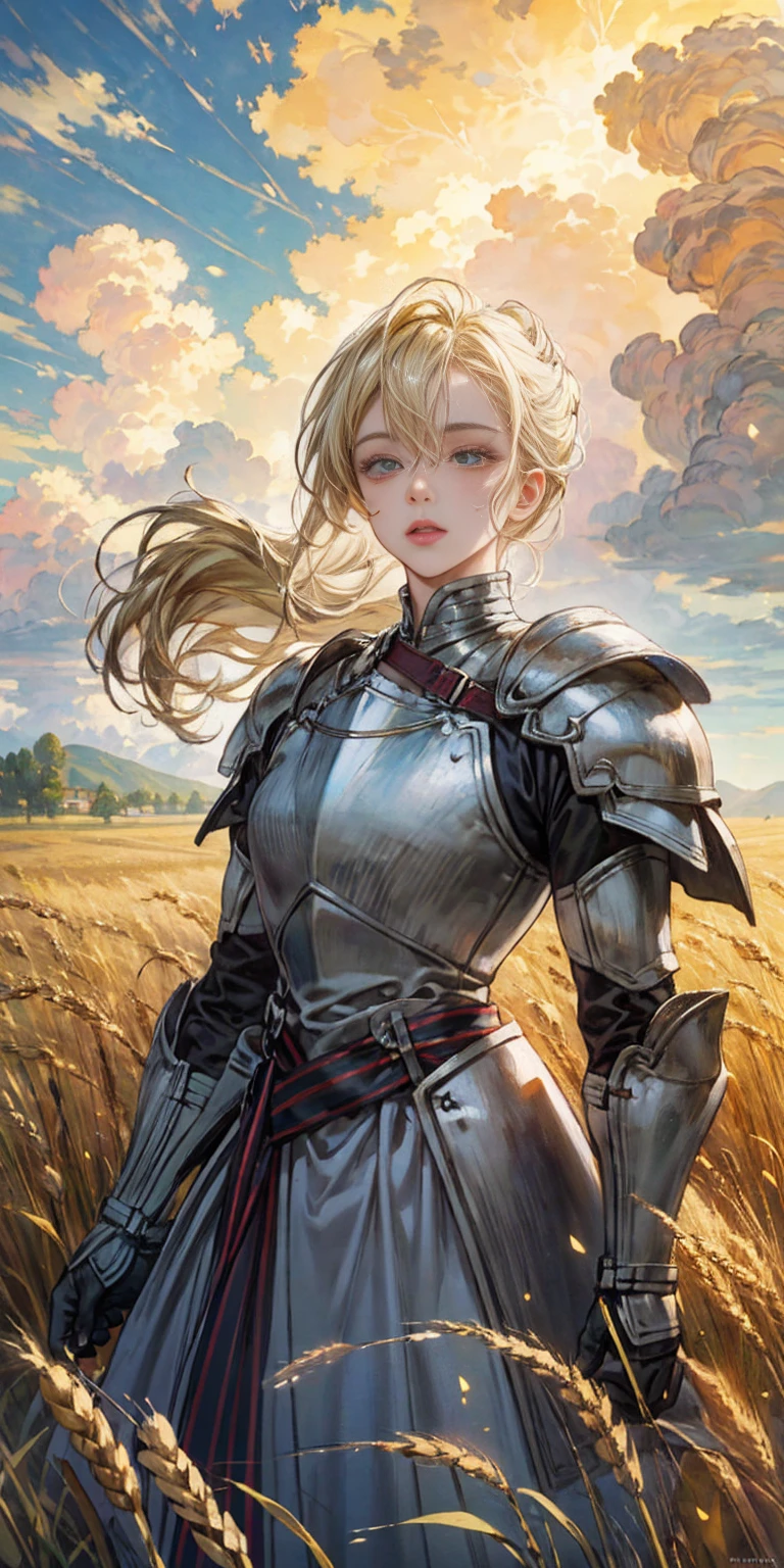 stunning painting of a knight with blonde hair, wheat field, epic clouds, ((painterly)), ((impressionist)), vibrant, soft edges, (((warm glow))),