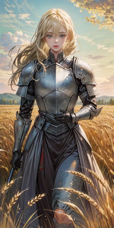 stunning painting of a knight with blonde hair, wheat field, epic clouds, ((painterly)), ((impressionist)), vibrant, soft edges,...