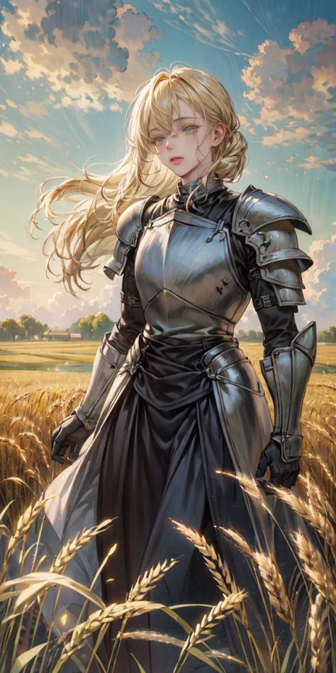 stunning painting of a knight with blonde hair, wheat field, epic clouds, ((painterly)), ((impressionist)), vibrant, soft edges,...