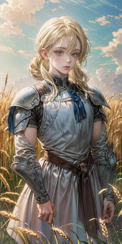 stunning painting of a knight with blonde hair, wheat field, epic clouds, ((painterly)), ((impressionist)), vibrant, soft edges,...