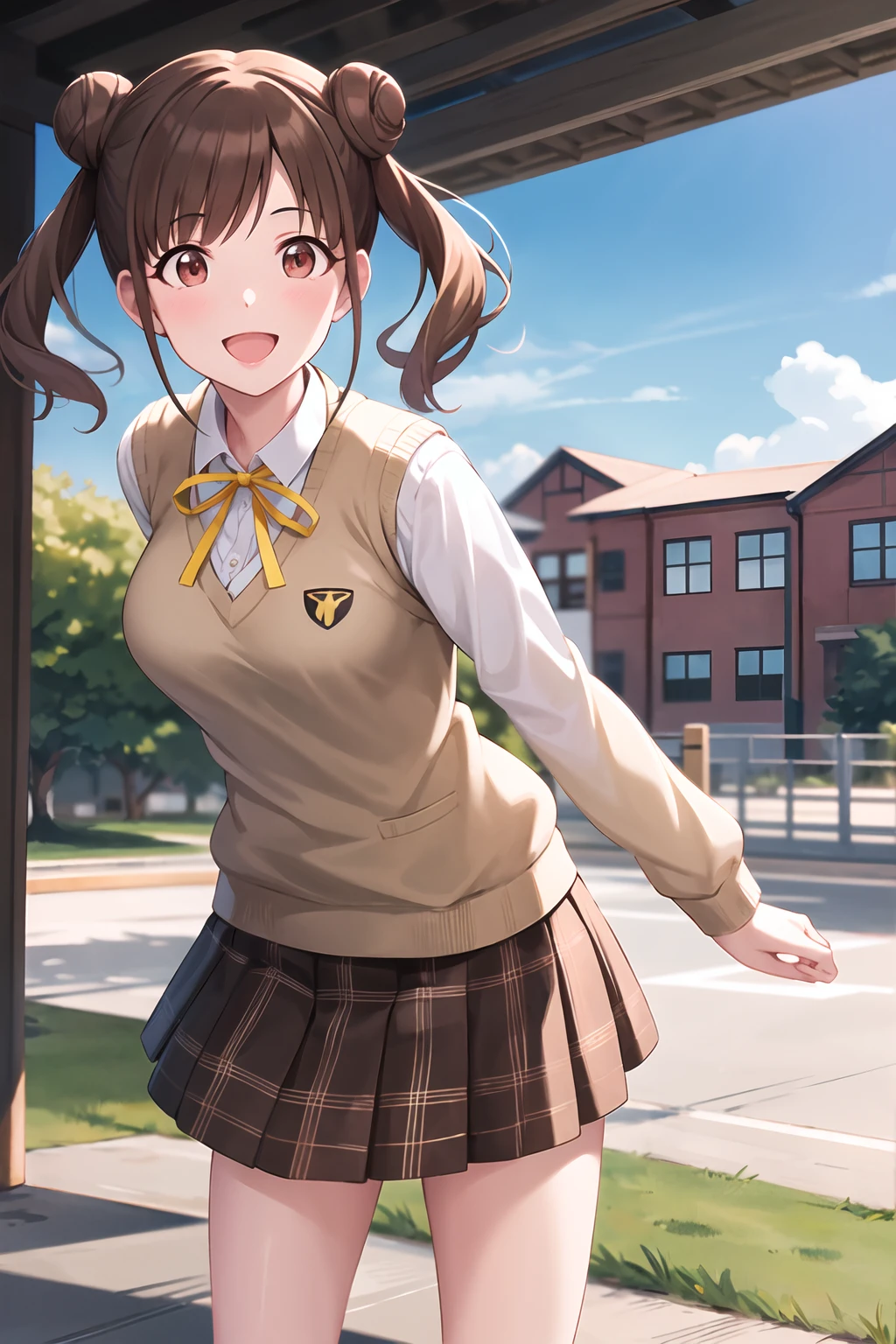 {{THE IDOLM@STER Shiny Colors}}, {{official style}}, aachiyoko, double bun, twintails, best quality, ((highly detailed)), masterpiece, best quality, highres, cowboy shot, seductive smile, neck ribbon, yellow ribbon, collared shirt, sweater vest, blazer, black jacket, open clothes, long sleeves, plaid skirt, brown skirt, outdoor, cherry blossoms, smile, leaning forward, standing, cowboy shot, open mouth, arms behind back,
