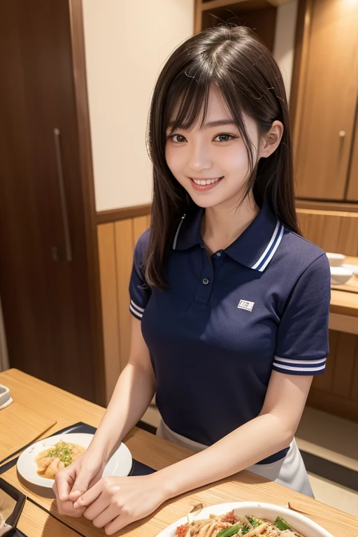 (Best quality, Masterpiece:1.3, Super Hi-Res), Japanese female, 20 years old, inside a gyudon restaurant, navy blue polo shirt, striped apron, wearing uniform, laughing, talking to customer,