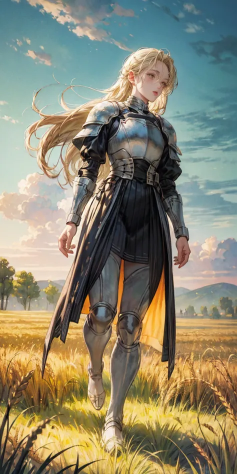 stunning painting of a knight with blonde hair, wheat field, epic clouds ((painterly)) ((impressionist)) vibrant, soft edges (((...