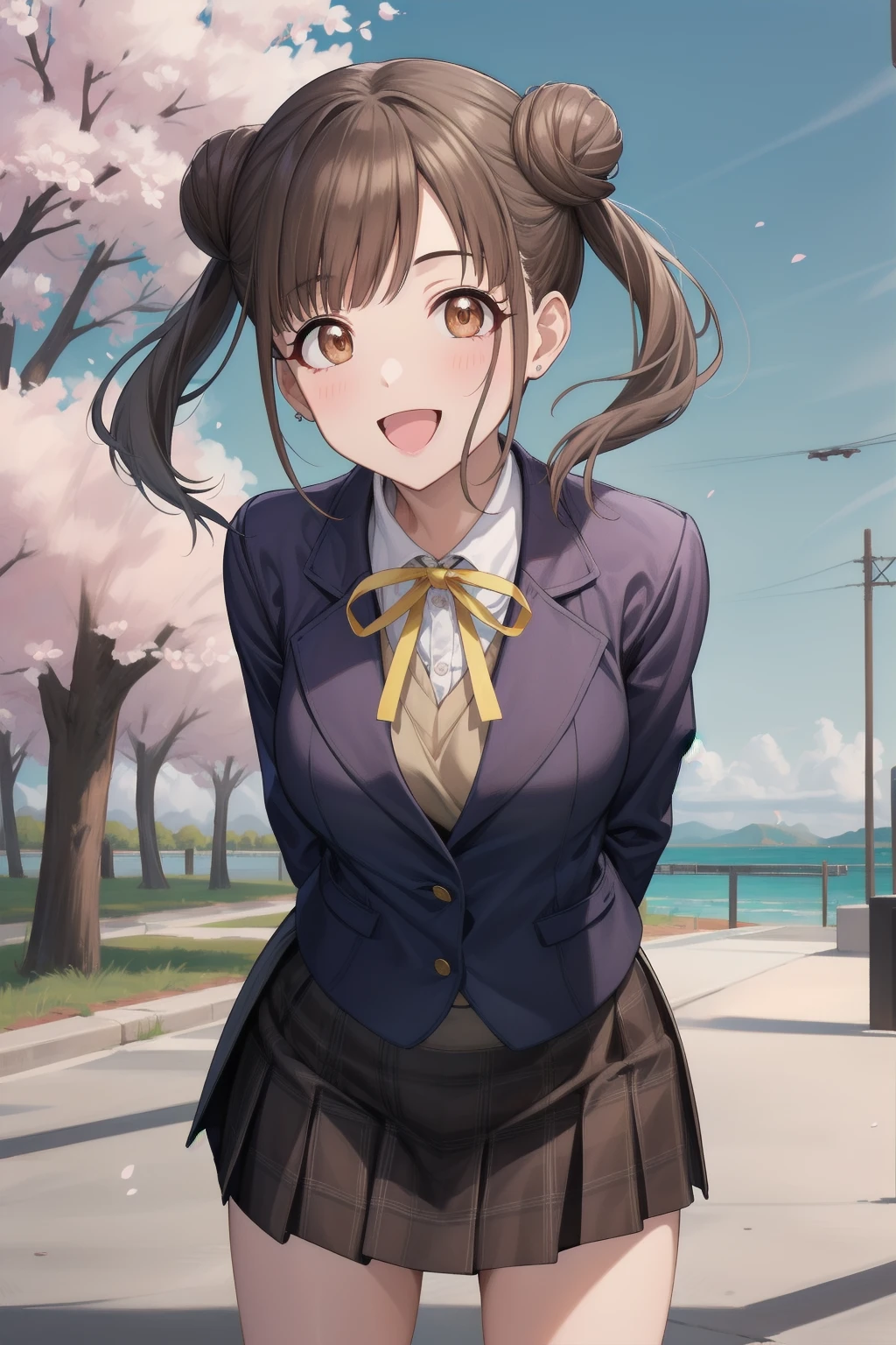 {{THE IDOLM@STER Shiny Colors}}, {{official style}}, aachiyoko, double bun, twintails, best quality, ((highly detailed)), masterpiece, best quality, highres, cowboy shot, seductive smile, neck ribbon, yellow ribbon, collared shirt, sweater vest, blazer, black jacket, open clothes, long sleeves, plaid skirt, brown skirt, outdoor, cherry blossoms, smile, leaning forward, standing, cowboy shot, open mouth, arms behind back,
