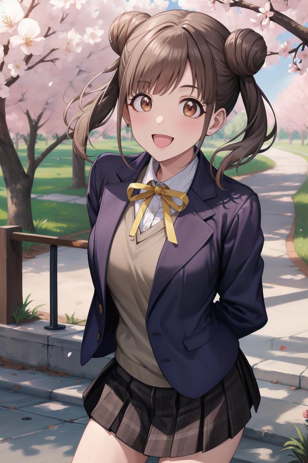 {{THE IDOLM@STER Shiny Colors}}, {{official style}}, aachiyoko, double bun, twintails, best quality, ((highly detailed)), masterpiece, best quality, highres, cowboy shot, seductive smile, neck ribbon, yellow ribbon, collared shirt, sweater vest, blazer, black jacket, open clothes, long sleeves, plaid skirt, brown skirt, outdoor, cherry blossoms, smile, leaning forward, standing, cowboy shot, open mouth, arms behind back,
