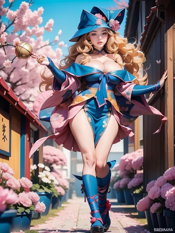 (((Full and soft breasts,)))(((Huge breasts)))((((Cleavage)))))) (Perfect curvy figure)whole body,Full plan,SFW,Goddess princess girl in geisha photo，With bright blue eyes and long fluffy Nordic eyelashes，Perfect and elegant figure，A head of fluffy long wavy bright wheat-colored hair blooms in the alley，Background with blooming Japanese pink cherry blossoms，Wearing a bright navy blue kimono，Japanese shoes come in a bright navy blue, Girls&#39; lace kimono with beautiful patterns，With a super short blunt cut.., The small breasts can be seen through the fabric，Girl with beautiful earrings on her ears，Earrings with precious navy blue sapphires，Shimmering under the lights.. The land where the girl is is scattered with cherry blossoms.., the scene is highly artistic, high resolution, Sharp focus, Migjorni-V5 Art Style, Hyperrealism, Perfect proportions, Golden ratio photos, crutch, contour, Sunlight, Soft sheen, Soft Focus, Photo-smooth focusing with a monocle.