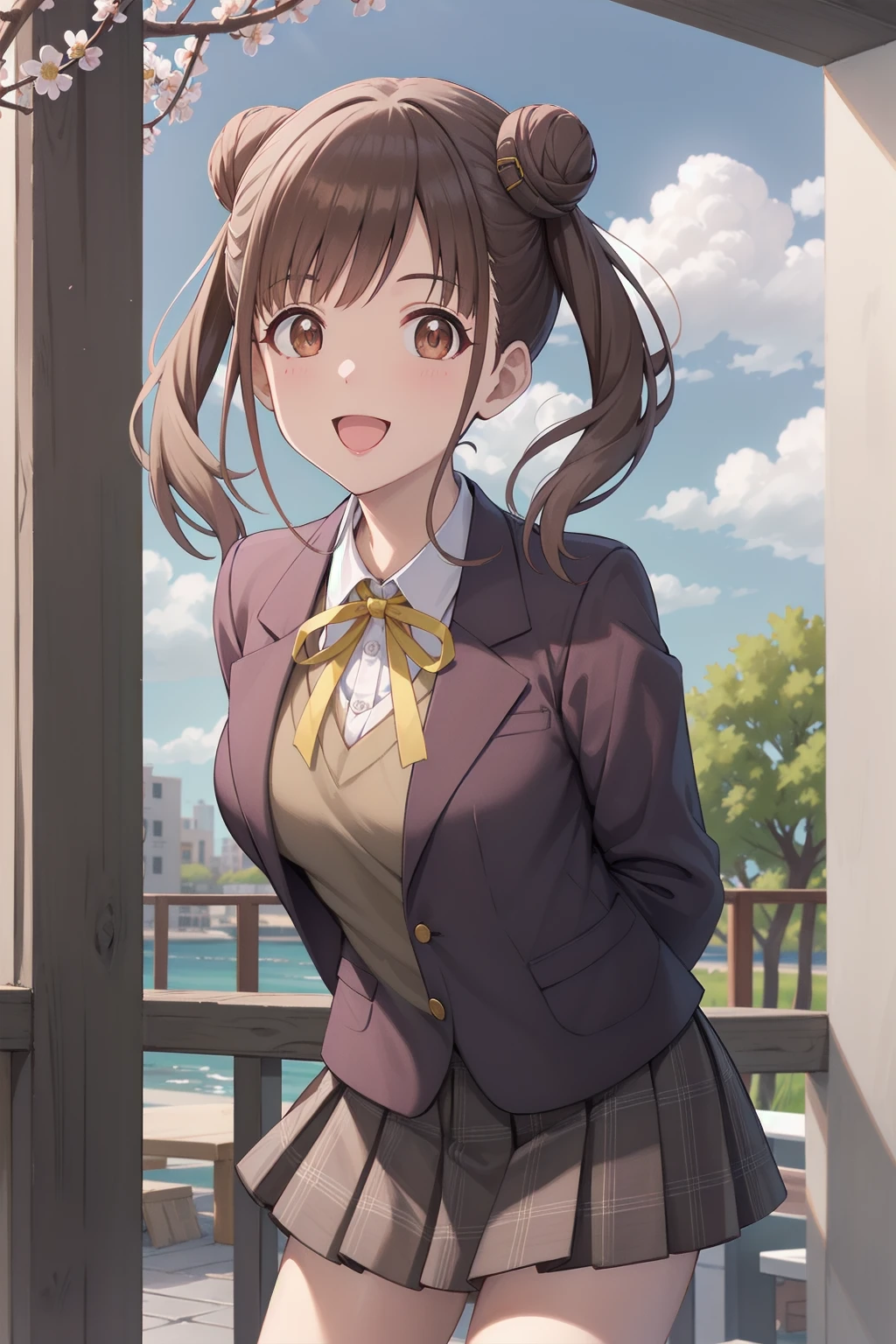 {{THE IDOLM@STER Shiny Colors}}, {{official style}}, 
aachiyoko, double bun, twintails, 
best quality, ((highly detailed)), masterpiece, best quality, highres, 
cowboy shot, seductive smile, 

neck ribbon, yellow ribbon, collared shirt, sweater vest, blazer, black jacket, open clothes, long sleeves, plaid skirt, brown skirt, outdoor, cherry blossoms, smile, leaning forward, standing, cowboy shot, open mouth, arms behind back, 