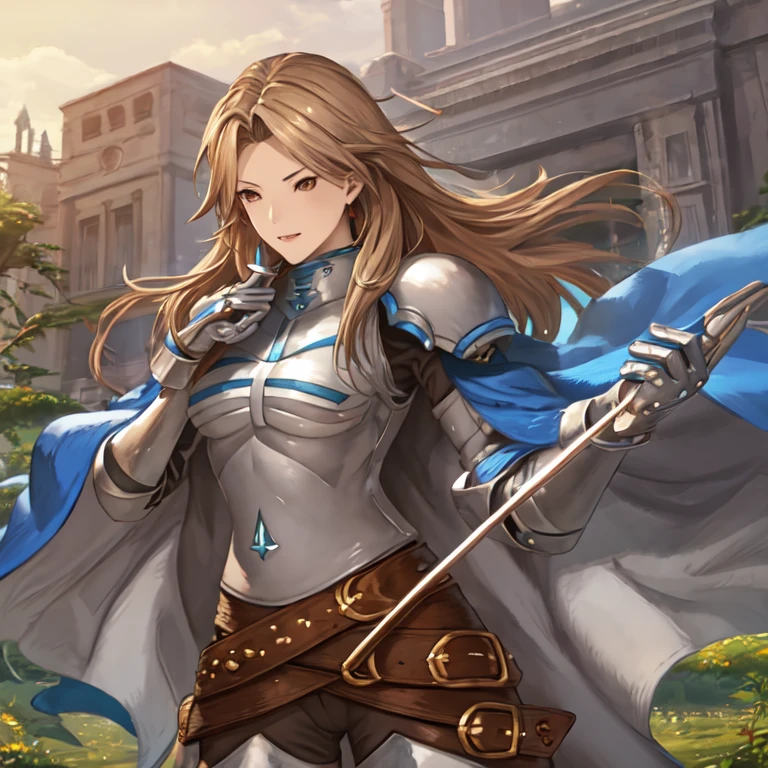 katalina (granblue fantasy), armor, gauntlets, belt, breastplate, shoulder armor, cape, pauldrons, pants, forest, city 