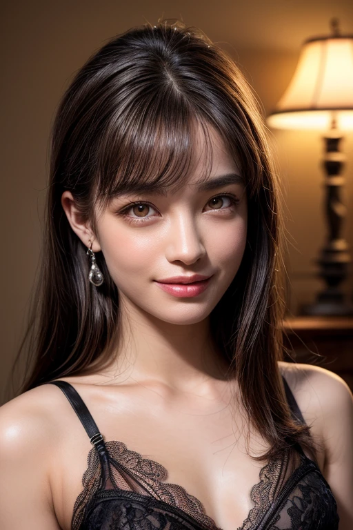 (realistic, photo-realistic:1.4), (masterpiece, best quality:1.2), RAW photo, high resolution, intricate details, extremely detailed, realistic and sharp details, cinematic lighting, portrait, (bust shot, frontal photography), solo, 1girl, a Japanese woman, dark hair, straight hair, medium hair, detailed face, beautiful detailed eyes, sophisticated nose, pale skin, collarbone, (large breasts, cleavage), (tiny lingerie, black lace bra, sleeveless:1.5), earrings, jewelry, smile, photo background, indoors,,,