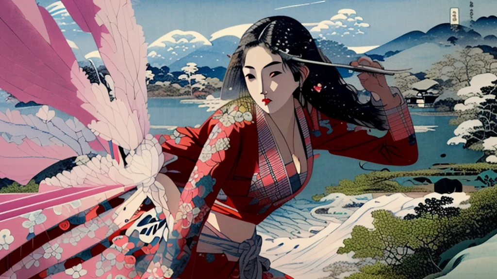 傑作, 最高品質, ukiyo-e:1.2, 広重風, 美しい20代のロシア人モデル, 超詳細な顔

