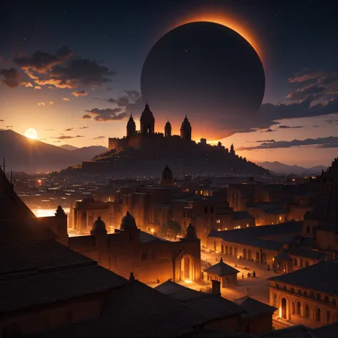 Aztec , landscape , night  , eclipse