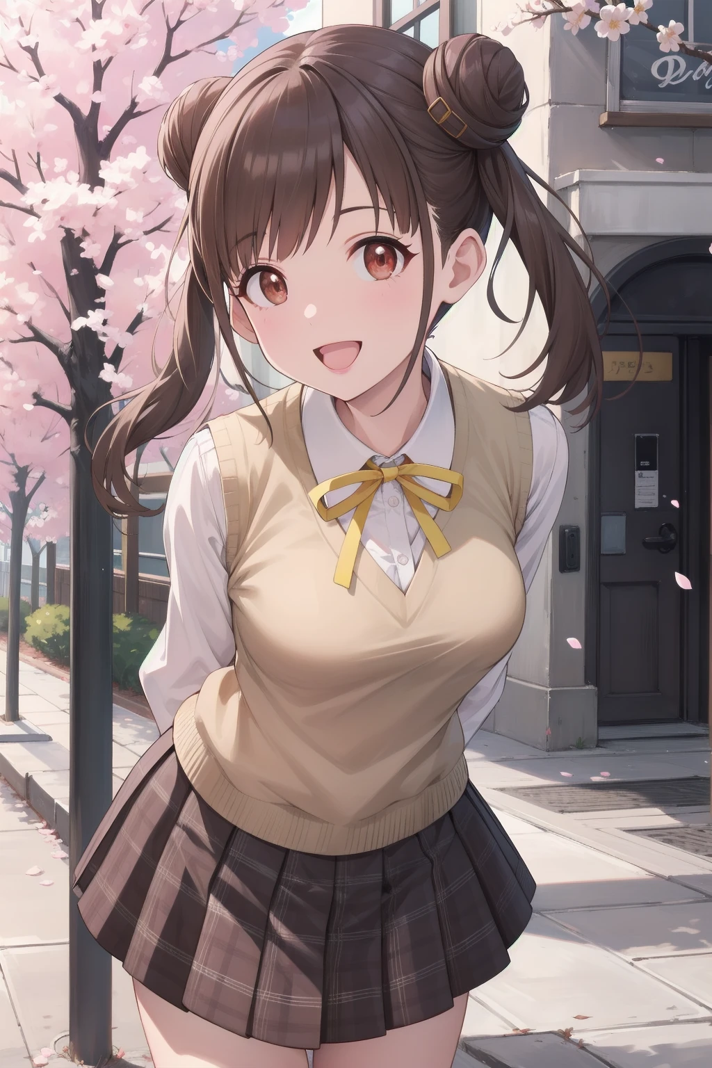 {{THE IDOLM@STER Shiny Colors}}, {{official style}}, 
aachiyoko, double bun, twintails, 
best quality, ((highly detailed)), masterpiece, best quality, highres, 
cowboy shot, seductive smile, 

neck ribbon, yellow ribbon, collared shirt, sweater vest, blazer, black jacket, open clothes, long sleeves, plaid skirt, brown skirt, outdoor, cherry blossoms, smile, leaning forward, standing, cowboy shot, open mouth, arms behind back, 