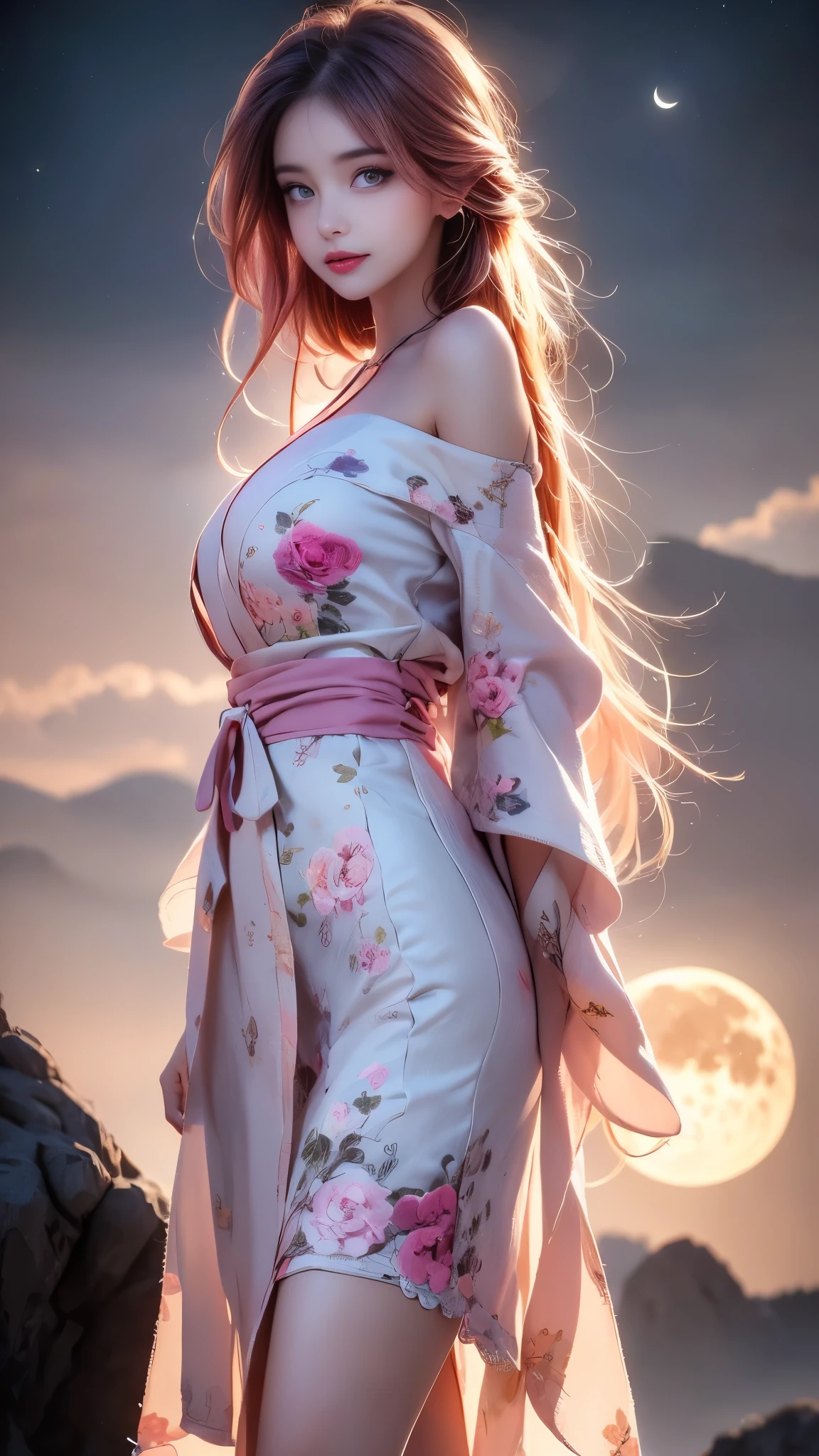 Senji,1 woman,long hair,pink hair,purple eyes,very long hair,hair_decoration,Pink kimono, ((bare shoulders)), ((whole body)), In fact, fashion girl, red lips, mature woman, cosmetics, big eyes, beautiful eyes, ((whole body)), ((from below)), (best quality, masterpiece:1.2), very detailed, (In fact:1.37), ((sexy long legs)), beautiful, young and energetic, Attractive models, big bust, split, (delicate eyes, detailed lips, extremely delicate eyes), Show me a bright smile, Create cool girl images, disapproval, very high saturation, official art, very detailed CG 통합 8k 벽지,(high dynamic range :1.4), (cinematic),(pastel colors, dull color, calm tone :1.3), (natural skin texture, ultra-In fact, soft light, sharp),(very detailed), night, moon, ((In the mountains, plant, leaning against a rock))