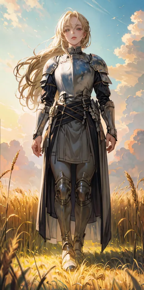 stunning painting of a knight with blonde hair, wheat field, epic clouds ((painterly)) ((impressionist)) vibrant, soft edges (((...