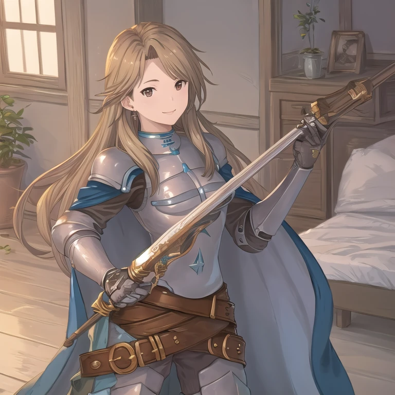 katalina (granblue fantasy), solo, 1girl, armor, gauntlets, belt, breastplate, shoulder armor, cape, cape covers, pauldrons, pants, room, smile, standing, best quality, masterpiece 