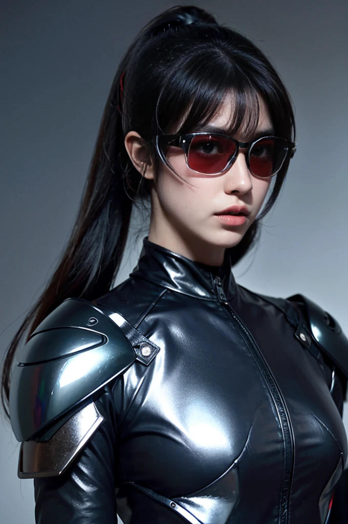 masterpiece，The best quality at its best，High resolution，8K，((Portraiture))，(Head close-up)，Original photo，Actual photo，Digital photography，(Cyberpunk style female special forces fighter)，(special forces)，20 year old girl，Long ponytail，redい帽子、With bangs，The amount of hair is amazing，redい目、No hair)，Big Breasts，Chest groove，(A wealth of ornaments，Futuristic holographic glasses，Tactical Helmet)，Lips parted，Make your lips look more attractive and glamorous，serious and arrogant，calm and handsome，(special forces outfit，Combat Uniform，Leather jacket，red)，Photo pose，Cyberpunk characters，Sci-Fi Style，Gray background，oc rendering reflection texture