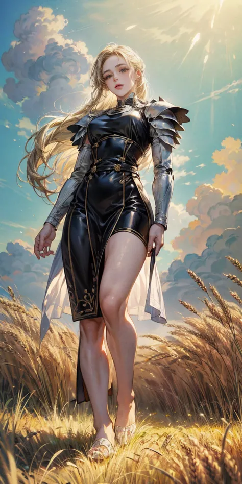 stunning painting of a knight with blonde hair, wheat field, epic clouds ((painterly)) ((impressionist)) vibrant, soft edges (((...