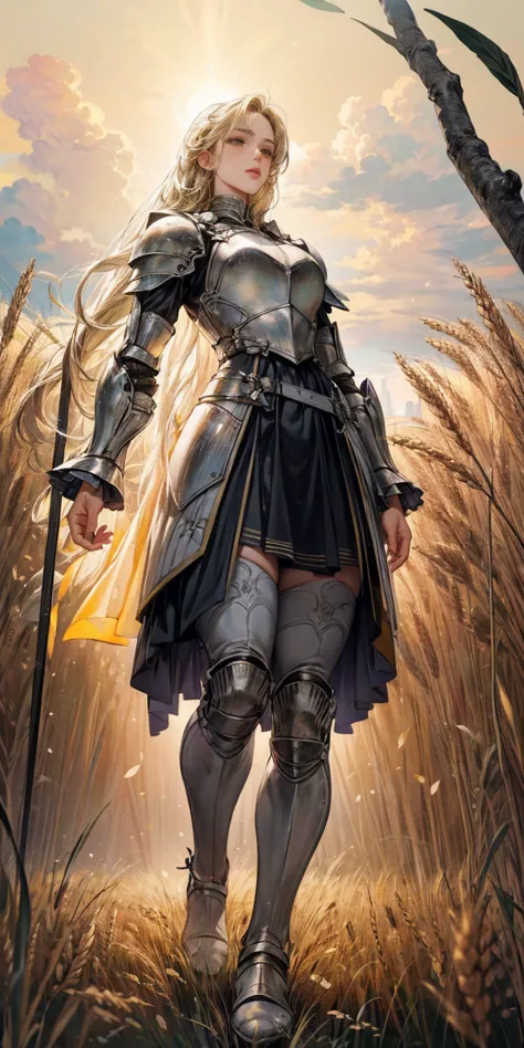 stunning painting of a knight with blonde hair, wheat field, epic clouds ((painterly)) ((impressionist)) vibrant, soft edges (((...