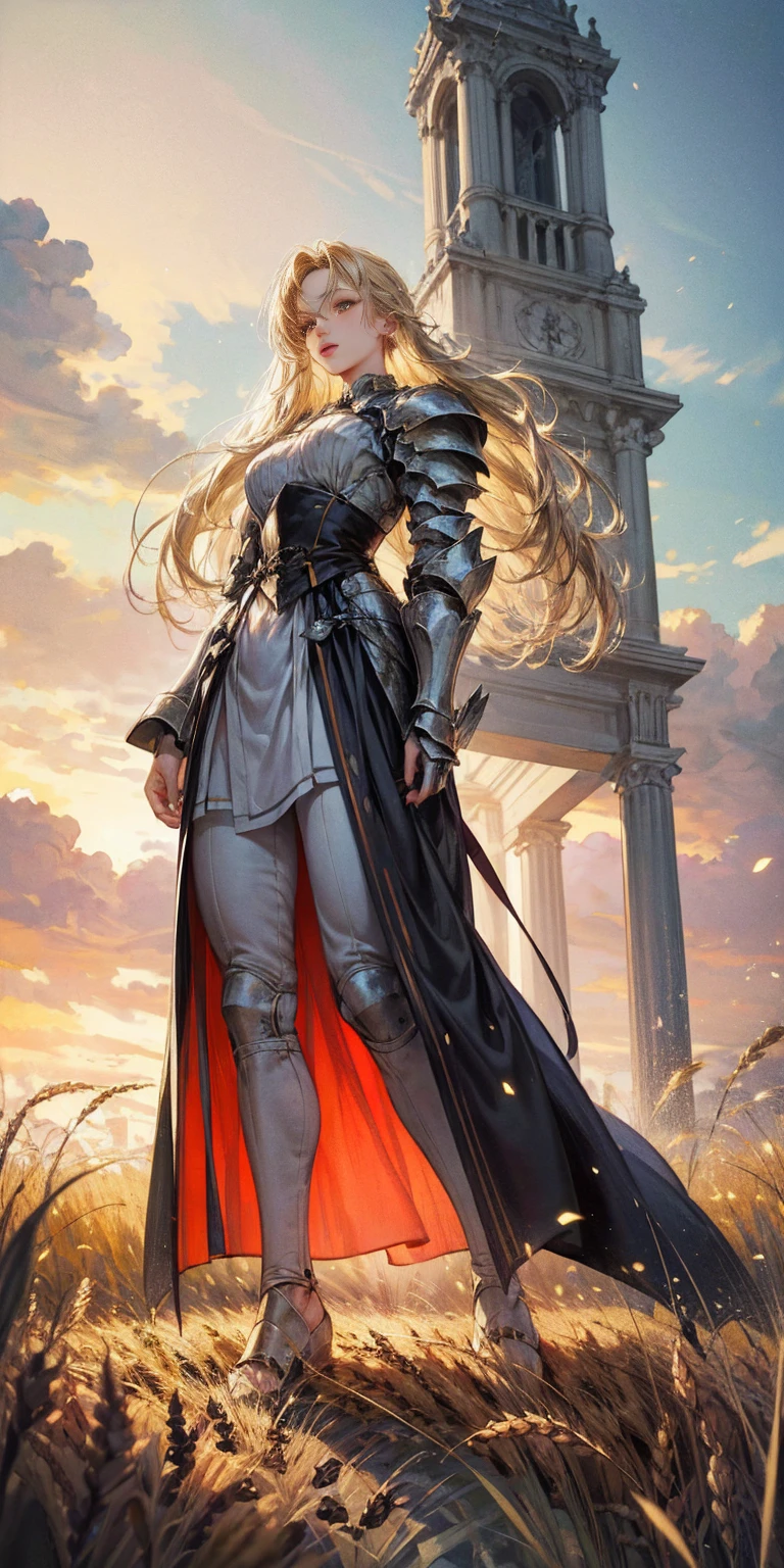 stunning painting of a knight with blonde hair, wheat field, epic clouds ((painterly)) ((impressionist)) vibrant, soft edges (((warm glow))) full body whole body view from below 1sologirl, feet together