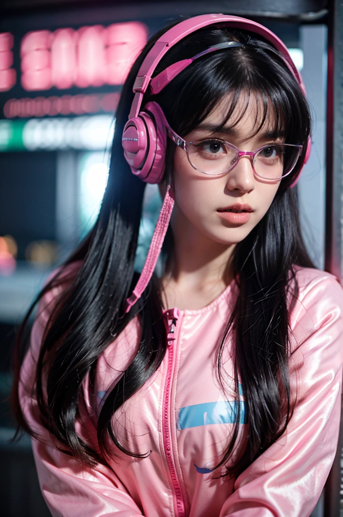 Primer plano de una persona que lleva un casco rosa y una chaqueta impermeable rosa, Cyberpunk Beautiful Girl, Ciberpunk 20. o Model girl, hermosa cara de niña cyberpunk, Retrato Hermosa Skis - FI Girl, chica soñadora cyberpunk, retrato de chica ciberpunk, Hermosa modelo femenina cyberpunk,gafas rojas、 estilo ciberpunk hiperrealista, ciberpunk futurista, Vojtek FUS, estilo ciberpunk ， Surreal