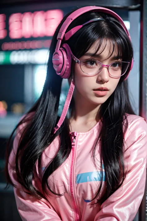 Close-up of a person wearing a pink helmet and pink waterproof jacket, Cyberpunk Beautiful Girl, Cyberpunk 20. o Model girl, Bea...