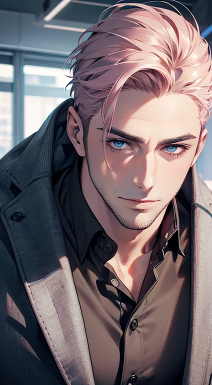 (best quality,4k,8k,highres,masterpiece:1.2),ultra-detailed,(realistic,photorealistic,photo-realistic:1.37),1 man,31 years old,mature man,very handsome,without expression,smile,short grey pink hair,blue eyes,penetrating gaze,perfect face without errors,imposing posture,businessman,office background,cinematic lighting,hdr image