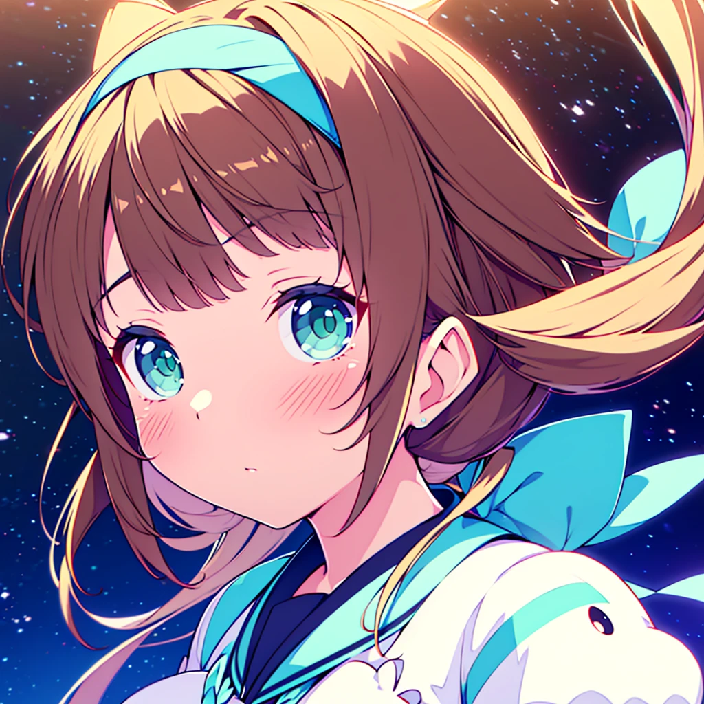 (best quality,4k,highres),ultra-detailed,realistic,portraits,green eyes, long brown hair,anime style,futuristic,Y2K aesthetic,ribbon headband,small breast,futuristic sailor lolita dress,puffy sleeves,white and blue,colorful lighting. Full body