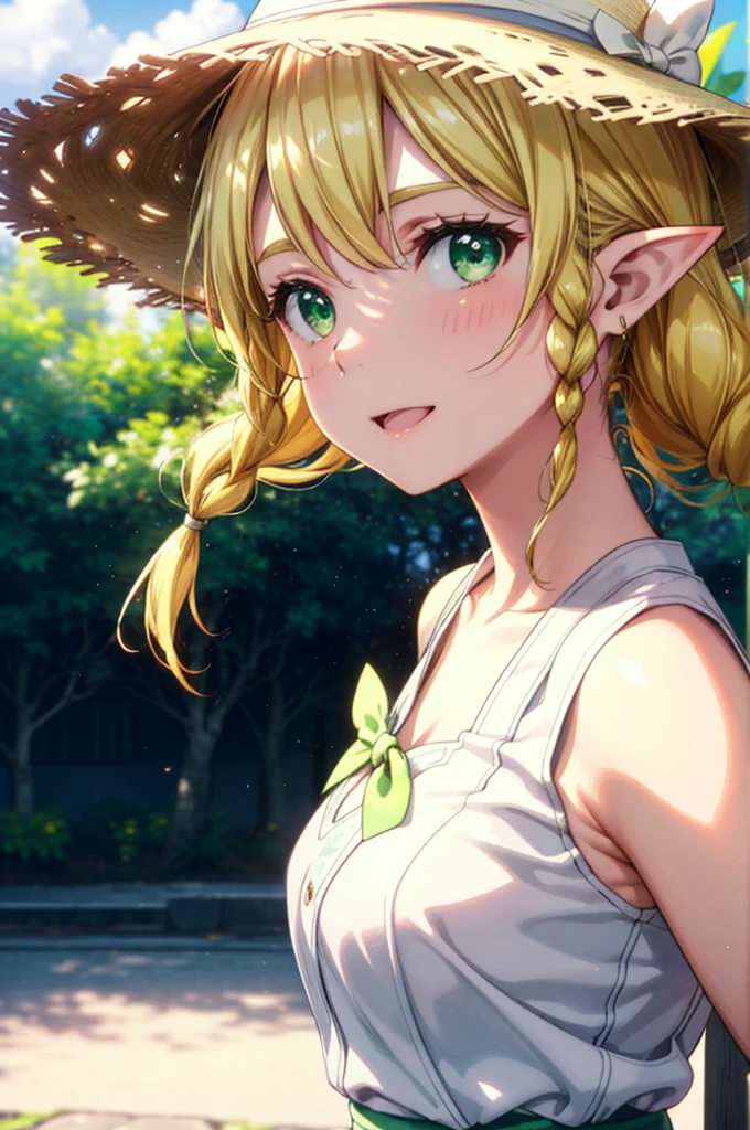 Suguhakirigaya, Suguhakirigaya, Long Hair,Blonde,Green Eyes,Pointy Ears,Long braids,happy smile, smile, Open your mouth,White straw hat,White sleeveless dress, bare arms,Green long skirt,Cute Sandals,Walking,Clear skies,whole bodyがイラストに入るように,
break outdoors, nature, forest, 
break looking at viewer, whole body,
break (masterpiece:1.2), Highest quality, High resolution, unity 8k wallpaper, (shape:0.8), (Beautiful attention to detail:1.6), Highly detailed face, Perfect lighting, Extremely detailed CG, (Perfect hands, Perfect Anatomy),