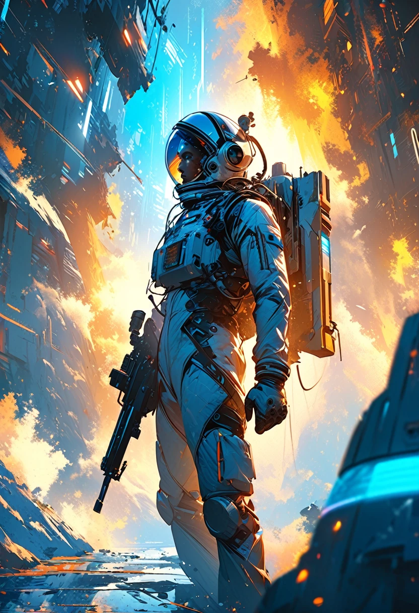 Perfect Anatomy Close-up of a man in a spacesuit standing in front of a spaceship holding a gun (Combat dynamic poses) Spaceship edge explosion fire battle sci-fi smoke rotating blue light surround movie scene surreal intricate sci-fi digital art illustration edge blue light light and shadow effect best quality detailed portrayal sci-fi digital art illustration extremely delicate art work ultra-precision art,Stunning digital art