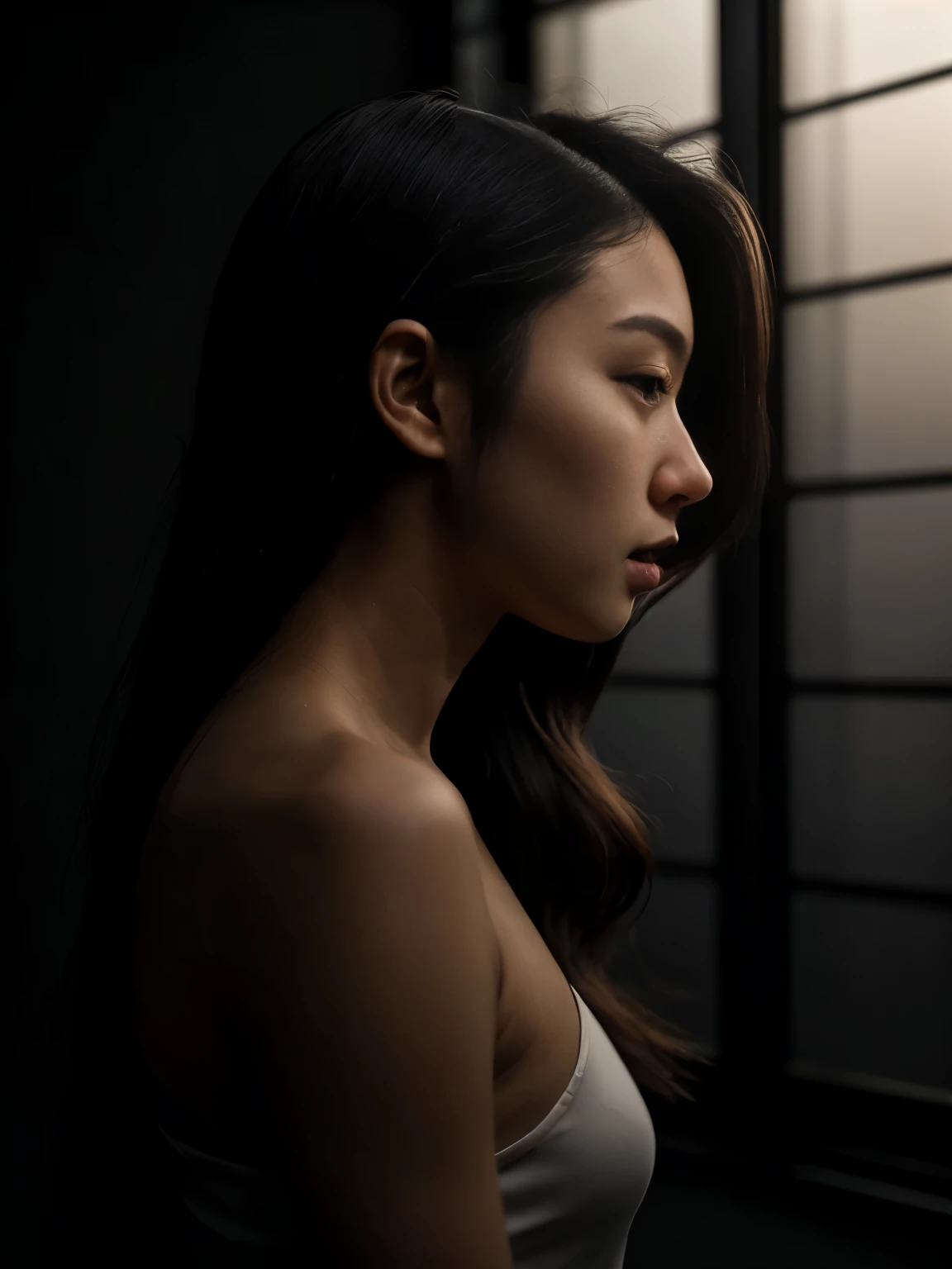 4K, Realistic, Cinematic, Very detailed, Studio shot, Light and shadow shot, Low Key Photos, Dark Shot,20 year old girl , Japanese, Profile photo, Shot from the side, very dark, Silhouette with Rim Light, Long Hair, Hair Light, Age 25, White skin,  whole body, masterpiece, Photorealism, Soft Light, Rim Light.