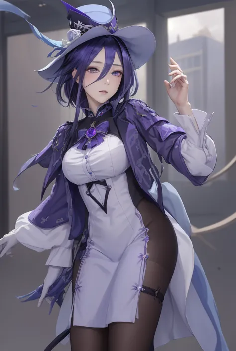 (masterpiece, best quality:1.3),clorinde, 1girl, ,hat, purple eyes, blue hair, jewelry, white gloves, dress,, purple hair, (hair...