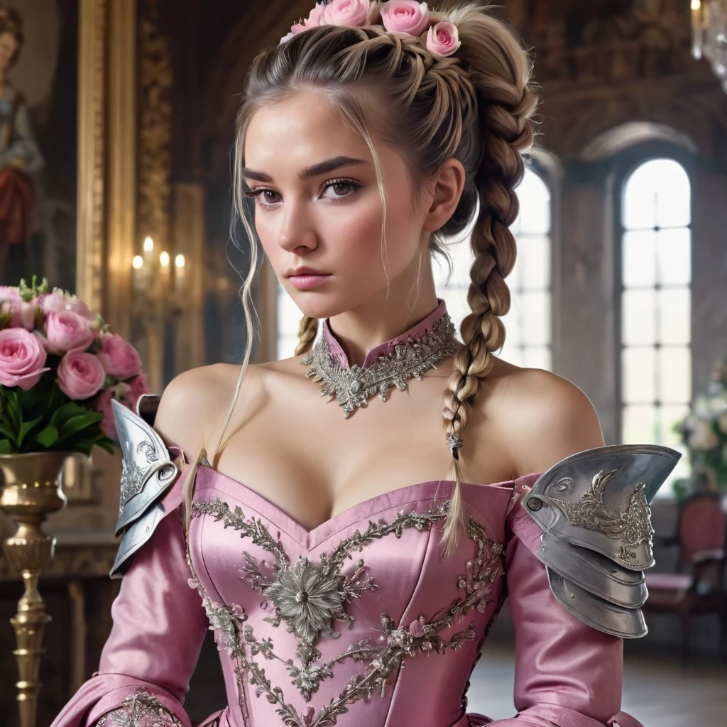 Woman, serious, warrior, armour, elegant, pink dress, aristocratic, silver elements, long nails, bare shoulders, hairstyle, hair up, braid and ponytail, messy, arrogant, absurd, detailed dress, royalty, celebration, hall decorated with flowers, cowboy shot, portrait, (best quality), (masterpiece), (highly detailed), (4k)