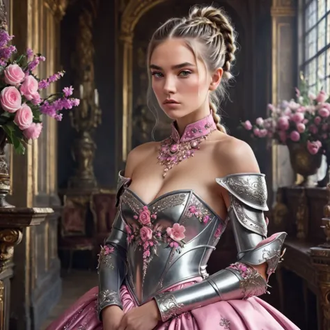 woman, serious, warrior, armour, elegant, pink dress, aristocratic, silver elements, long nails, bare shoulders, hairstyle, hair...