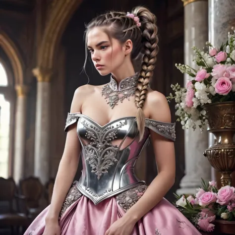 woman, serious, warrior, armour, elegant, pink dress, aristocratic, silver elements, long nails, bare shoulders, hairstyle, hair...