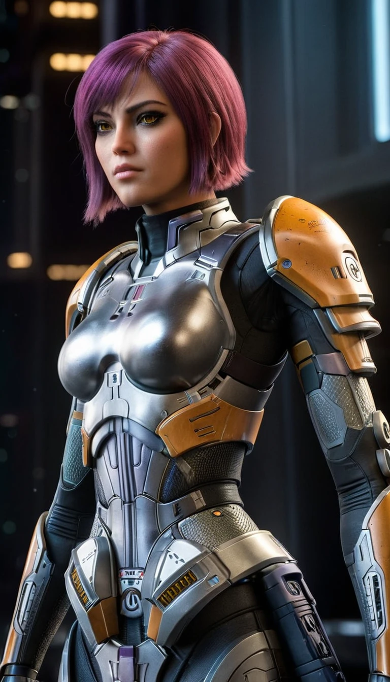 professional 3d model Cinematic scene, sabine wren, SILVER armor (HUGE BREASTS), Ghost in the Shell, detailed background, masterpiece, best quality, high quality, highres, absurdres . octane render, highly detailed, volumetric, dramatic lighting
