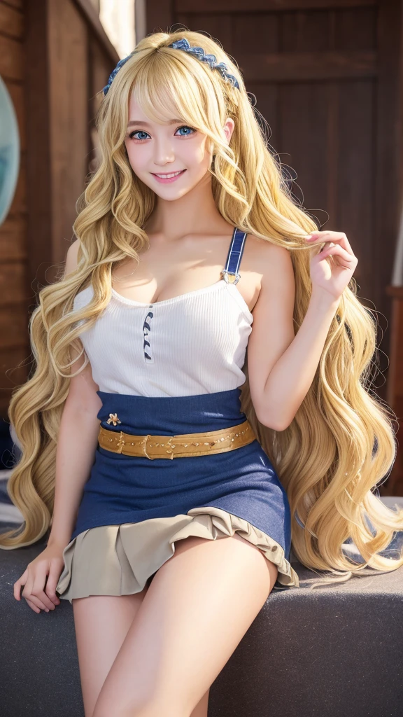 Very detailed、highest quality、Best image quality、masterpiece、8k、Anime Face、A kind smile、Open your mouth、Sparkling blue eyes、(Blonde wavy hair:1.5)、、Muscles of the whole body、Hands on hipini skirt、camisole、Thigh belt