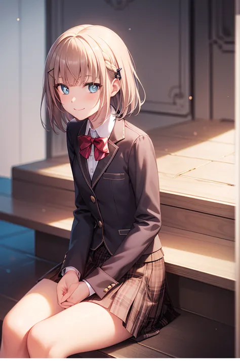 detectivelunch break, smile, short hair, bangs, blue eyes, shirt, hair accessories, long sleeve, skirt, bow, white hair, hairpin...