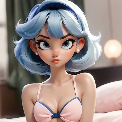 in the room, underwear, blush, focus on face, bangs, hair circle, blue hair