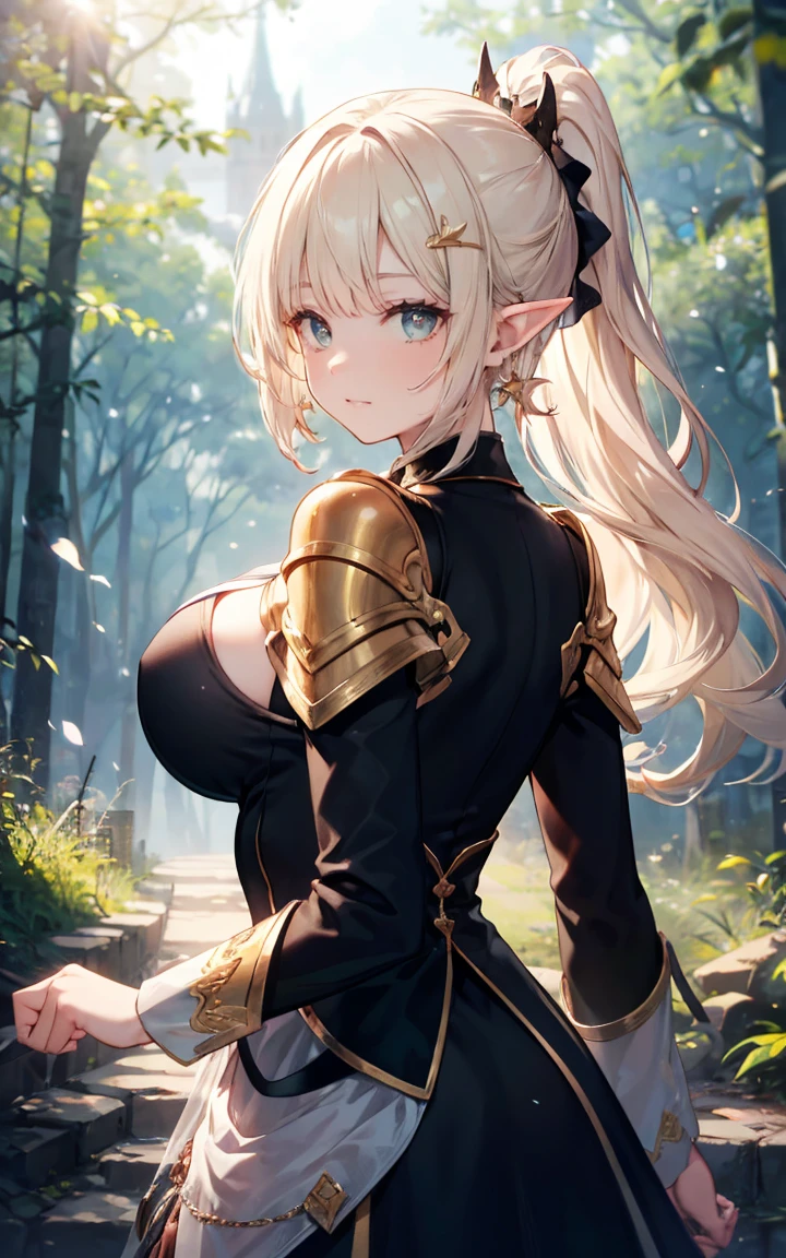 3 girls, (wavy ponytail, hair above shoulder, My hair is very long., My hair is very thick.), Green and blonde hair color, (Beautifully detailed eyes, green and gold eyes, star shaped pupil, Diamond-shaped pupils), elf ears, Forest location, around tall trees, smile, fun , big breast, rift, Crescent moon earrings, student, High Elf Clothes, (Beautifully detailed jewel-encrusted leather cover.), (flower hair clip), Violation of lens flare, Chromatic aberration, Highly detailed, anime, Romantic style, OP Art, depth of field, Motion blurred image, glowing light, Film texture, UHD, retina, correct, Masterpiece, correctตามหลักกายวิภาค, textured skin, Awesome details, Highly detaileds, High quality, won, best quality, height, 16K, Hands behind your back.