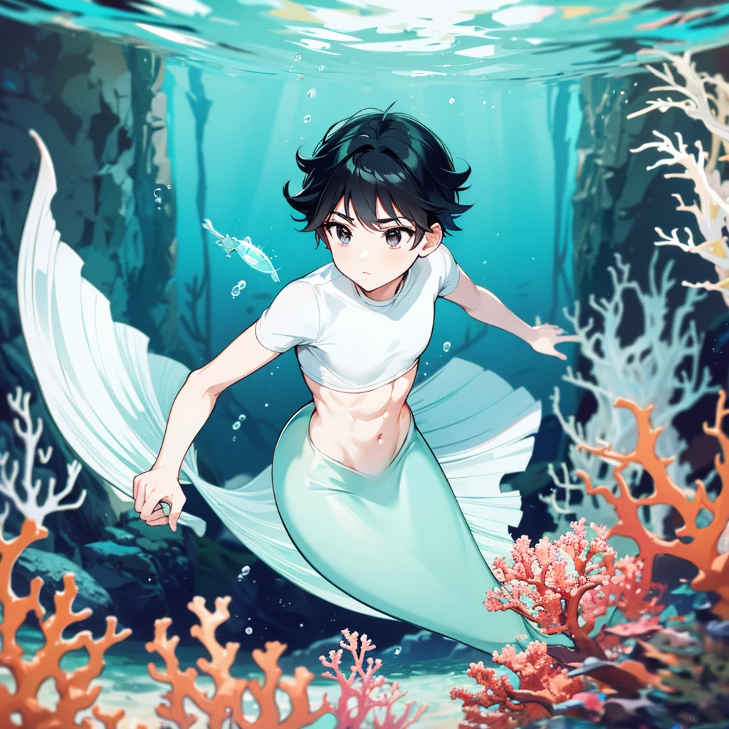 Merman, merman tail below waistline, black hair, short hair, black eyes, white shirt, abs, underwater sea, coral, fish,