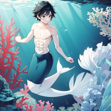 Merman, merman tail below waistline, black hair, short hair, black eyes, white shirt, abs, underwater sea, coral, fish,