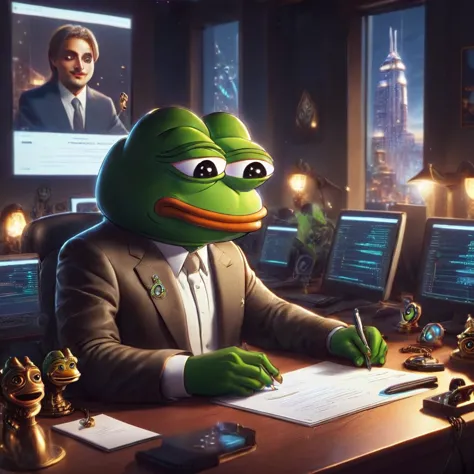 pepe the frog, auditing a contract in solana blockchain, 1boy, frog face, sitting at desk, digital art, intricate details, cinem...