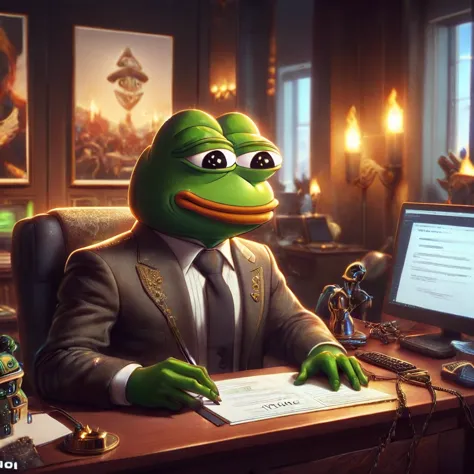 pepe the frog, auditing a contract in solana blockchain, 1boy, frog face, sitting at desk, digital art, intricate details, cinem...