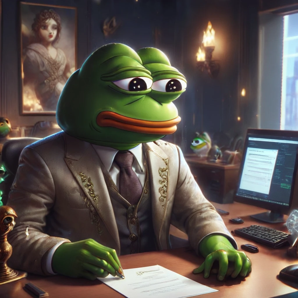 Pepe the frog, auditing a contract in solana blockchain, 1boy, frog face, sitting at desk, digital art, intricate details, cinematic lighting, warm tones, solana blockchain interface, high-quality, photorealistic, 8k, award winning digital art , ETH