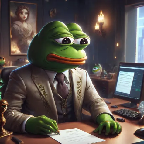 pepe the frog, auditing a contract in solana blockchain, 1boy, frog face, sitting at desk, digital art, intricate details, cinem...