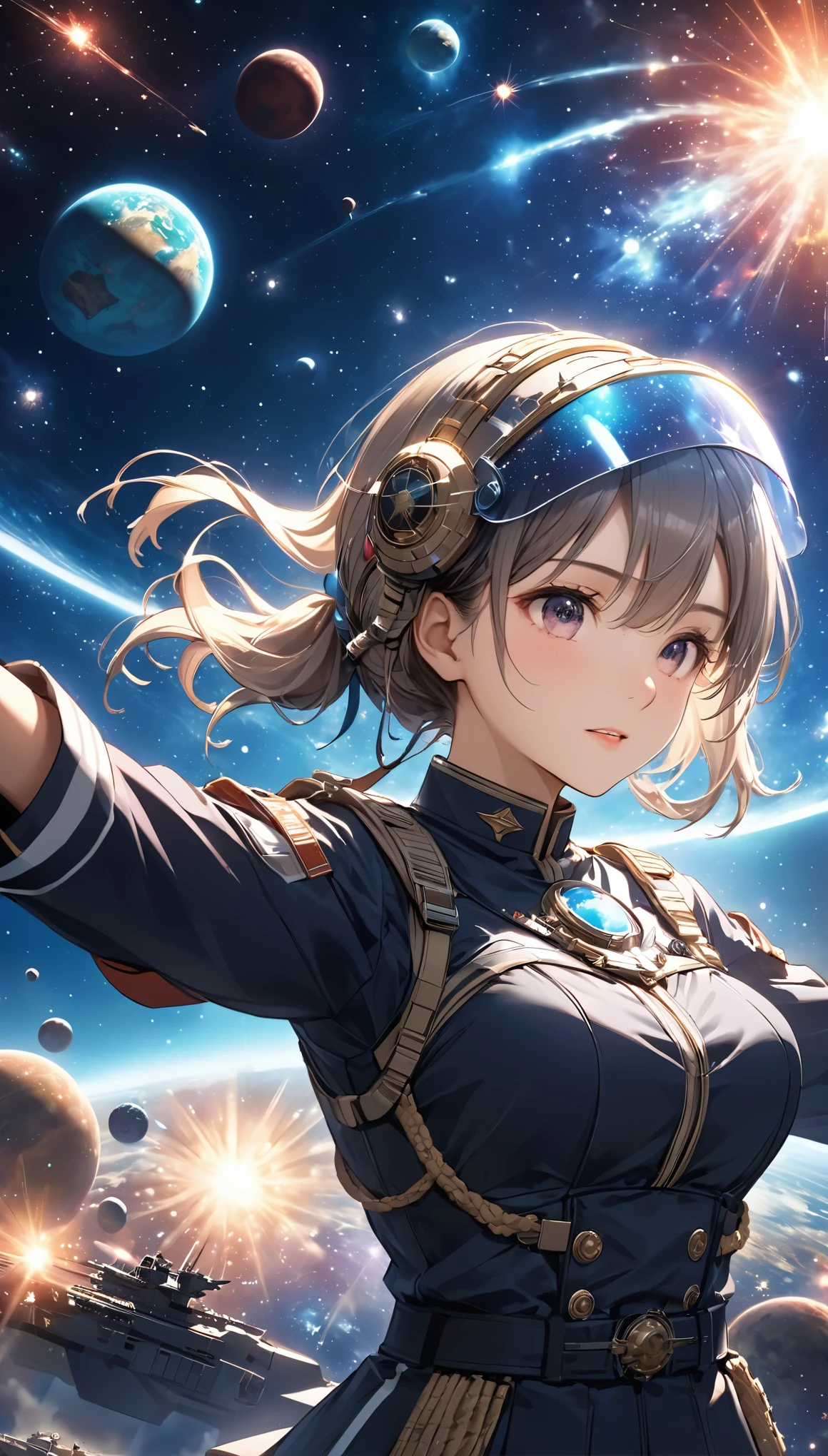 Highest quality, Highest quality, 16K, Unbelievably absurd, Very detailed, 2.5D, delicate and dynamic, universe, planet, war, universe戦艦ヤマト, 鮮やかな色のplanet, Tiny faint lights and colorful meteors, space ships, universeステーション, Very delicate facial expressions, Delicate eye depiction, Upper body close-up,, erotic, dynamic sexy poses, Only sexy women, Healthy body shape, 22-year-old woman, Commander, Height: 170cm, Large, firm, swaying bust, Clear glass helmet, universe戦艦ヤマト船員のuniverse服, gun, 複雑な構造のuniverse服, カラフルなuniverse服, Movie battle scenes