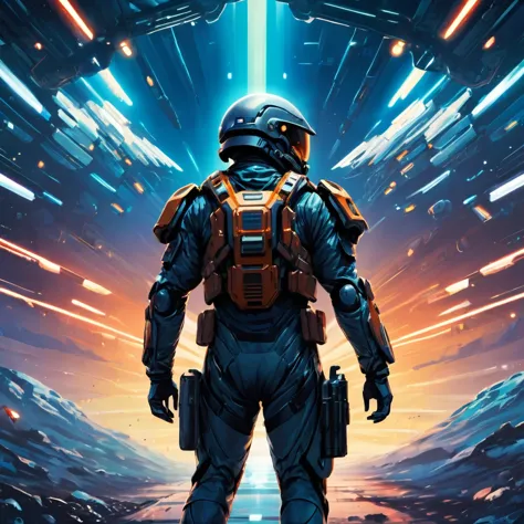 1man, soldier, futuristic combat suit, high-tech future firearm, the background is a space war with thousands of soldiers fighti...