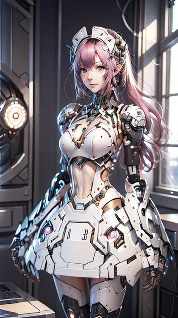 Very detailed, Advanced Details, high quality, 最high quality, High resolution, 1080P, HD, 4K,  beautiful,(Machine),beautiful cyborg mixed maid female, Mecha Cyborg Girl,Mecha Body Girl,She is wearing a futuristic mech, victorian maid dress, from the front, From the skirt up,A cute room for children, bed room, bed,