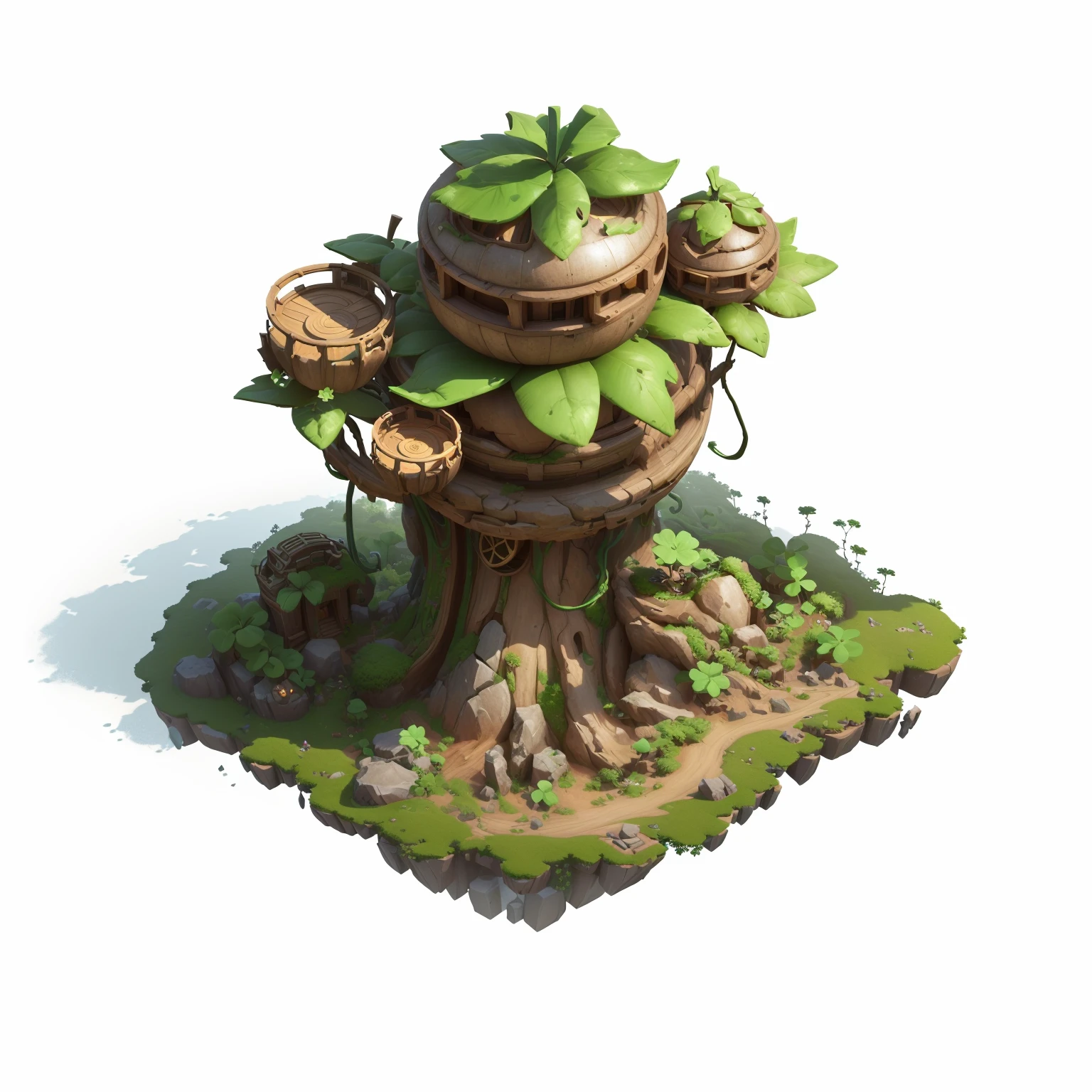 Há uma pequena árvore，Há um edifício esférico no topo， Contém adereços de árvore, ativos do jogo of plant and tree, Arte conceitual estilizada, arte estilizada do jogo, casa na árvore bonsai, imagem do jogo, Estilo de renderização 3D, renderização 3d estilizada, estilizado como renderização 3d, ativos do jogo