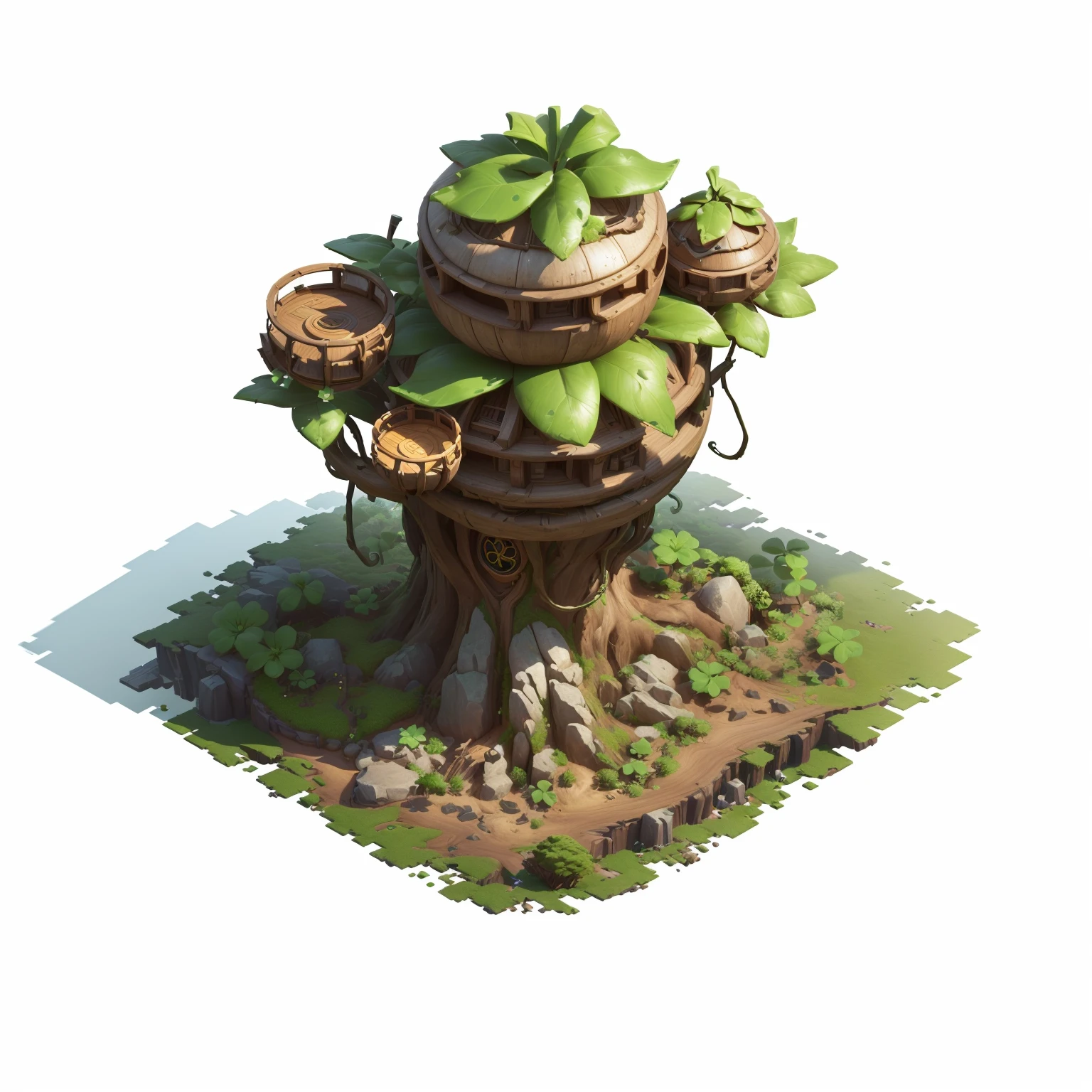 Há uma pequena árvore，Há um edifício esférico no topo， Contém adereços de árvore, ativos do jogo of plant and tree, Arte conceitual estilizada, arte estilizada do jogo, casa na árvore bonsai, imagem do jogo, Estilo de renderização 3D, renderização 3d estilizada, estilizado como renderização 3d, ativos do jogo